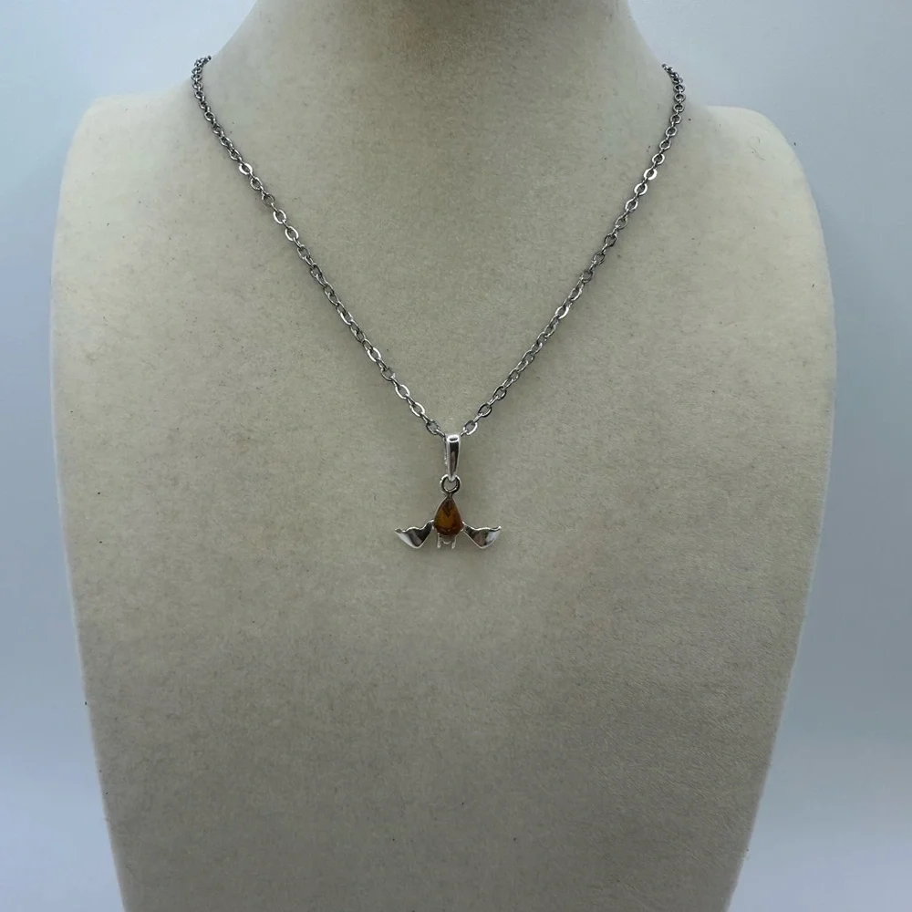 Silver and Amber Bat Pendant on Stainless Steel Chain